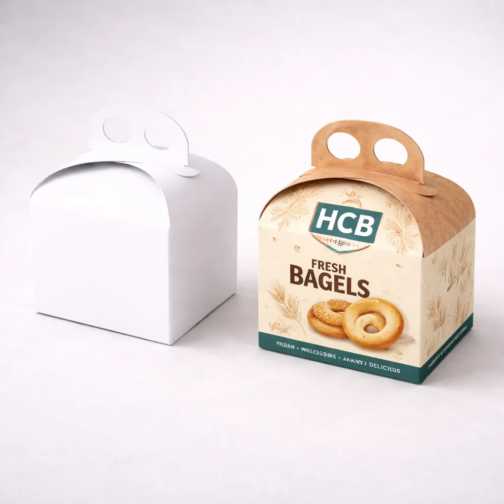 Two tall vertical bakery boxes, one white and one decorated with vibrant bagel and wheat illustrations. class=